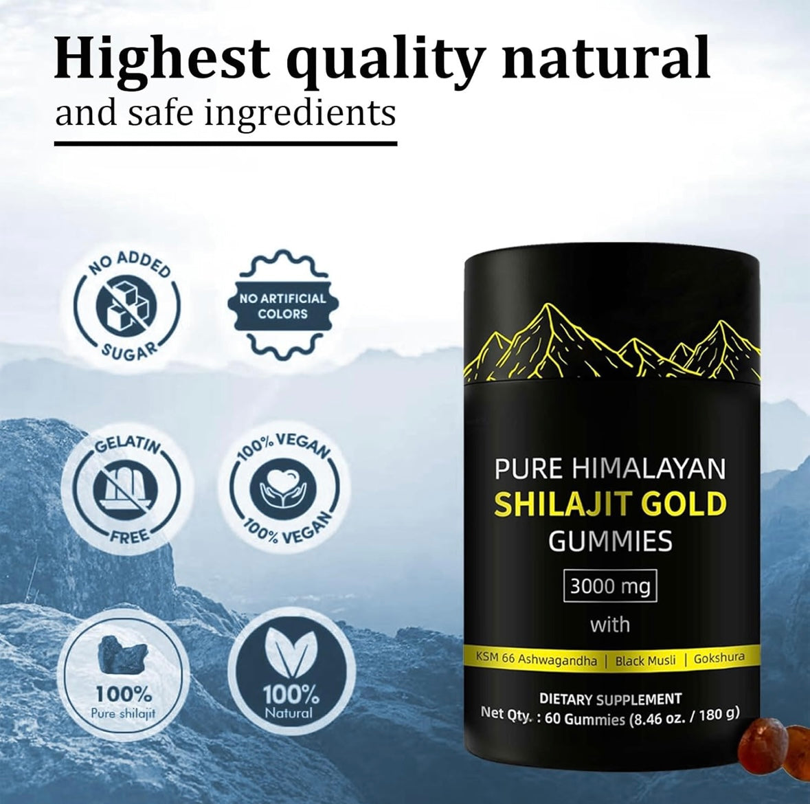Pure Himalayan Shilajit Gummies – Boost Energy, Wellness & Recovery with Fulvic Acid, Ashwagandha & 85+ Trace Minerals – Lab Tested, Non-GMO, Sugar-Free, Vegan – 60 Gummies