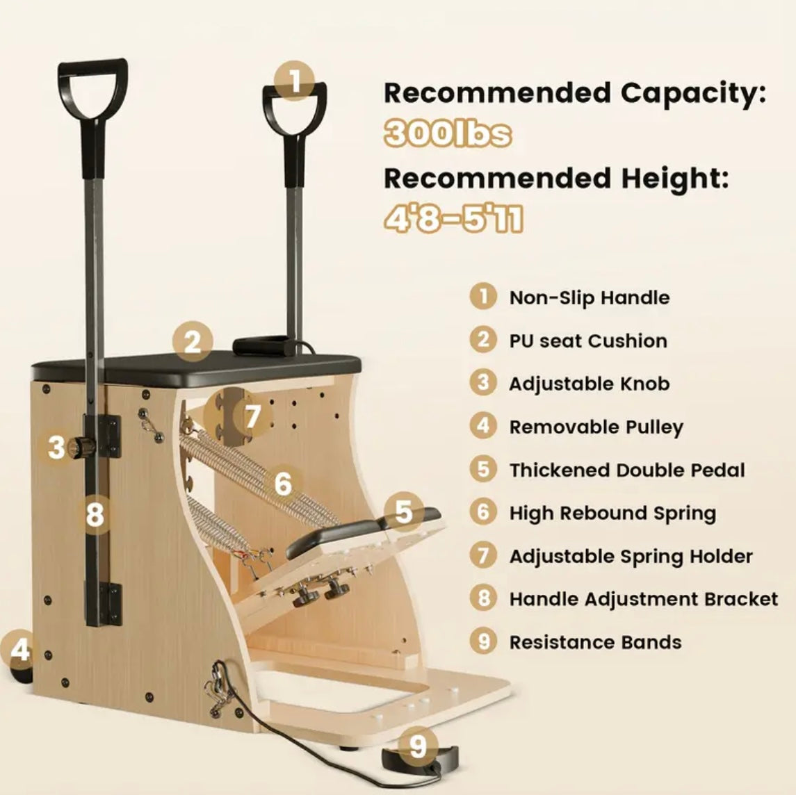 Ultimate Home Pilates Chair: Split-Pedal Stability with Adjustable Resistance and Handles for Comprehensive Fitness Training - Fast and Free Shipping