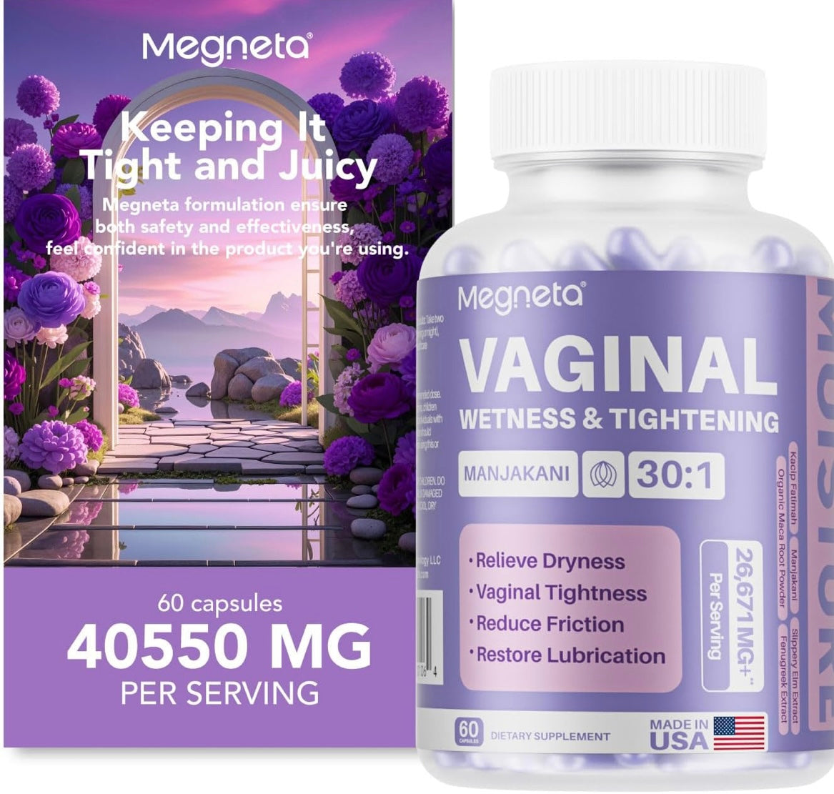 Relieve Vaginal Dryness & Restore Tightness Naturally – Vegan Moisturizer Capsules with Kacip Fatimah, Manjakani, & Slippery Elm – USA Made, 60 Count