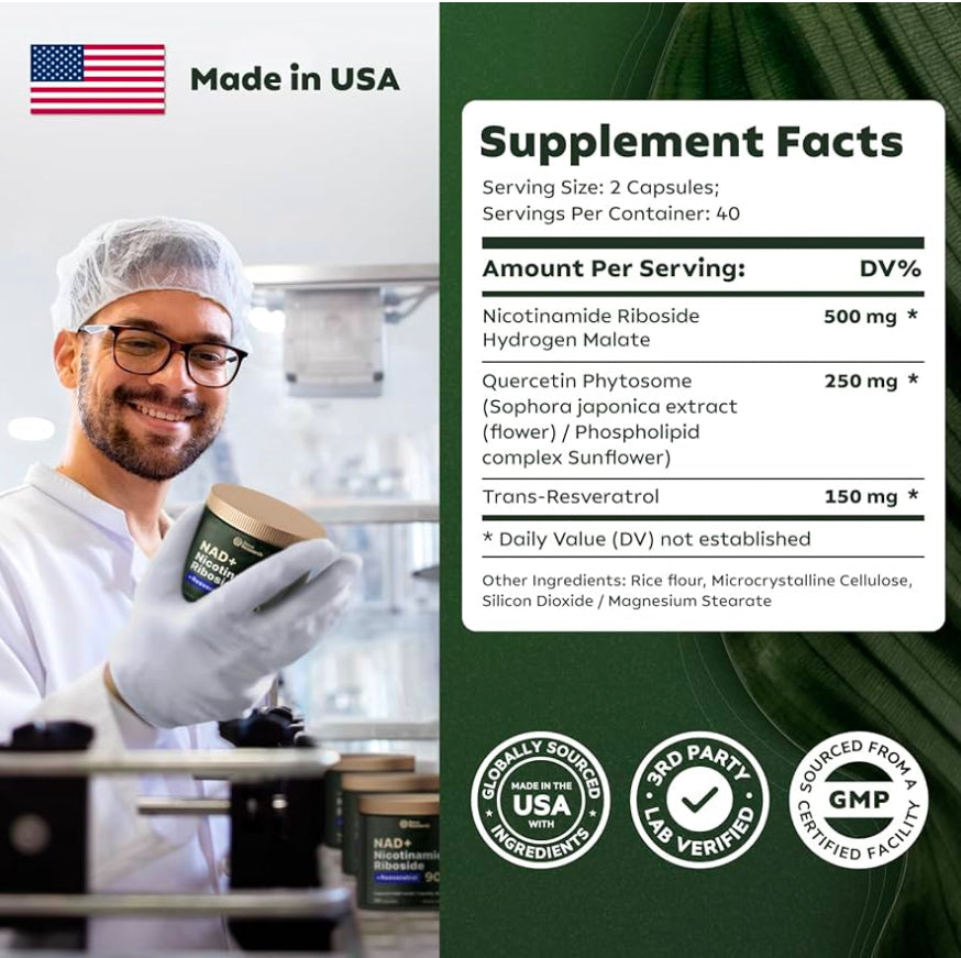 Reus Research Advanced NAD+ Booster 900Mg for Enhanced Absorption, Energy, and Anti-Aging Support – 80 Vegan Capsules, Made in USA - Fast and Free Shipping